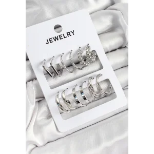 Pirinç Karışık Halka Model Gümüş Renk 6 Çift Kadın Küpe Set