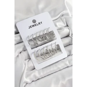 Pirinç Karışık Halka Model Gümüş Renk 6 Çift Kadın Küpe Set