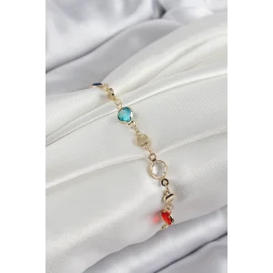 Pirinç Karışık Renk Zirkon Taşlı Gold Renk Kadın Bileklik