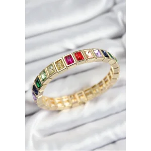 Pirinç Karışık Zirkon Taşlı Dikdörtgen Model Gold Renk Lastikli Kadın Bileklik