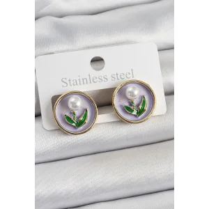 Pirinç Mor Mineli Lale Figürlü Sanatsal Portre Model Gold Renk Kadın Küpe