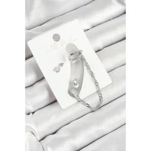 Pirinç Ok Figürlü Zirkon Taşlı Gümüş Renk 3lü Kıkırdak Kadın Küpe Set