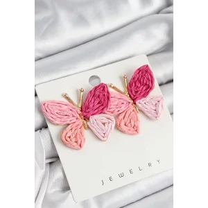 Pirinç Pembe Kelebek Model Gold Renk Kadın Hasır Küpe