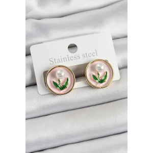 Pirinç Pembe Mineli Lale Figürlü Sanatsal Portre Model Gold Renk Kadın Küpe