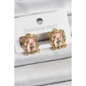 Pirinç Pembe Mineli Sanatsal Portre Model Gold Renk Kadın Küpe