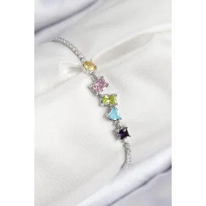 Pirinç Renkli Zirkon Taşlı Geometrik Model Gümüş Renk Kadın Bileklik