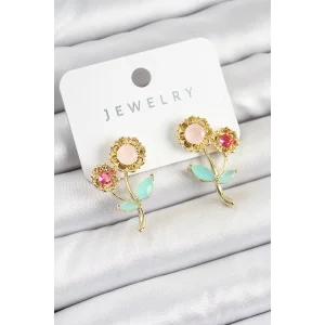 Pirinç Renkli Zirkon Taşlı Papatya Model Gold Renk Kadın Küpe