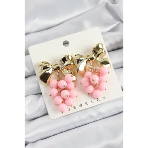 Pirinç Sallantılı Pembe Boncuklu Fiyonk Vintage Model Gold Renk Kadın Küpe