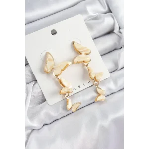 Pirinç Sedef Sallantılı Mermer Desenli Kelebek Model Gold Renk Vintage Kadın Küpe