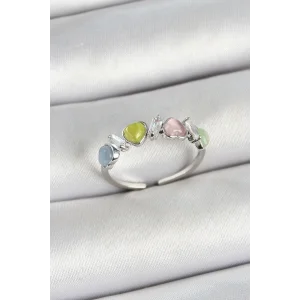 Pirinç Sıralı Kalp Figürlü Zirkon Taşlı Gümüş Renk Ayarlanabilir Kadın Yüzük