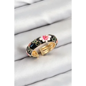 Pirinç Siyah Mineli Çiçek Motifli Gold Renk Ayarlanabilir Kadın Yüzük