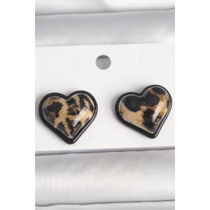 Pirinç Siyah Renk Leopar Desen 3D Kalp Model Kadın Küpe