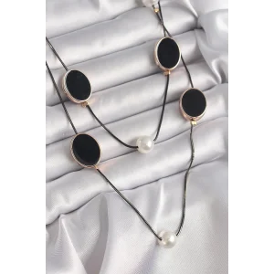 Pirinç Siyah Renk Zincir İnci Detaylı Çoklu Kadın Kolye