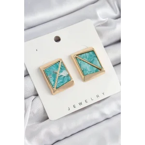 Pirinç Turkuaz Üçgen Kesim Detaylı Kare Model Vintage Gold Renk Kadın Küpe