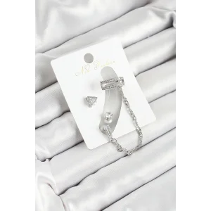 Pirinç Üçgen Figürlü Zirkon Taşlı Gümüş Renk 3lü Kıkırdak Kadın Küpe Set