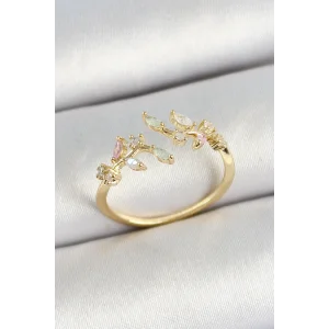 Pirinç Yaprak Figürlü Zirkon Taşlı Gold Renk Ayarlanabilir Kadın Yüzük