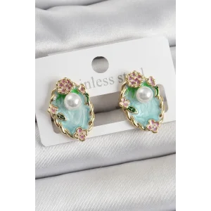 Pirinç Yeşil Mineli İnci Detaylı Sanatsal Portre Model Gold Renk Kadın Küpe