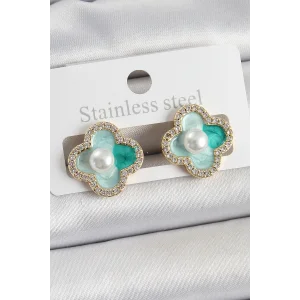 Pirinç Yeşil Mineli İnci Detaylı Zirkon Taşlı Sanatsal Portre Yonca Model Gold Renk Kadın Küpe