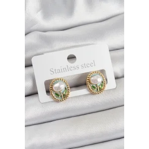 Pirinç Yeşil Mineli Lale Figürlü Sanatsal Portre Model Gold Renk Kadın Küpe