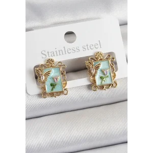 Pirinç Yeşil Mineli Sanatsal Portre Model Gold Renk Kadın Küpe