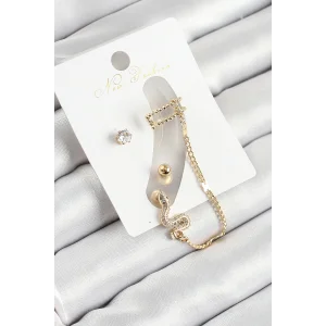 Pirinç Yılan Figürlü Zirkon Taşlı Gold Renk 3lü Kıkırdak Kadın Küpe Set