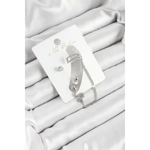 Pirinç Yılan Figürlü Zirkon Taşlı Gümüş Renk 3lü Kıkırdak Kadın Küpe Set