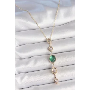Pirinç Zincir Zümrüt Yeşil Gold Renk Zirkon Taşlı Y Kolye