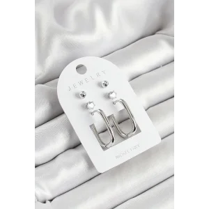 Pirinç Zirkon Taş Ve Dikdörtgen Figürlü Gümüş Renk 3lü Çift Kadın Küpe Set