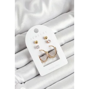 Pirinç Zirkon Taş Ve Halka Figürlü Gold Renk 3lü Çift Kadın Küpe Set