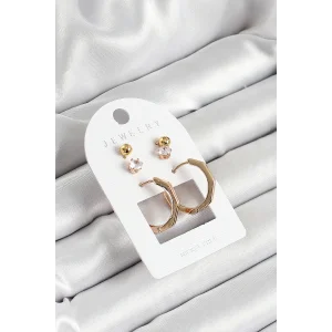 Pirinç Zirkon Taş Ve Kemik Halka Figürlü Gold Renk 3lü Çift Kadın Küpe Set