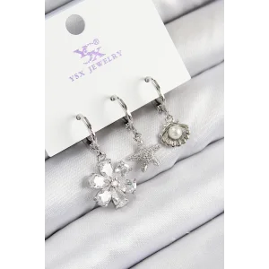 Pirinç Zirkon Taşlı 3lü Çiçek Ve İstiridye Model Gümüş Renk Kadın Küpe