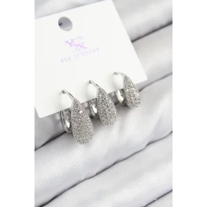 Pirinç Zirkon Taşlı 3lü Damla Model Gümüş Renk Kadın Küpe