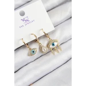 Pirinç Zirkon Taşlı 3lü Fatmanın Gözü Model Gold Renk Kadın Küpe
