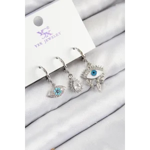 Pirinç Zirkon Taşlı 3lü Fatmanın Gözü Model Gümüş Renk Kadın Küpe