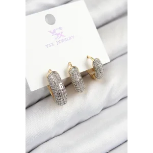 Pirinç Zirkon Taşlı 3lü Halka Model Gold Ve Gümüş Renk Kadın Küpe