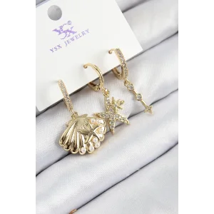 Pirinç Zirkon Taşlı 3lü İstiridye Ve Yıldız Model Gold Renk Kadın Küpe