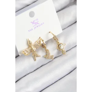 Pirinç Zirkon Taşlı 3lü Kuş Model Gold Renk Kadın Küpe