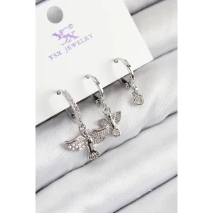 Pirinç Zirkon Taşlı 3lü Kuş Model Gümüş Renk Kadın Küpe