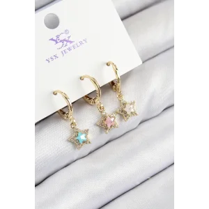 Pirinç Zirkon Taşlı 3lü Renkli Yıldız Model Gold Renk Kadın Küpe