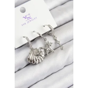 Pirinç Zirkon Taşlı 3lü Yıldız Ve İstiridye Model Gümüş Renk Kadın Küpe