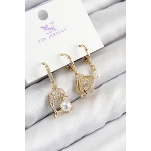 Pirinç Zirkon Taşlı 3lü Yunus Balığı Ve İstiridye Model Gold Renk Kadın Küpe