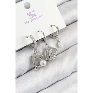 Pirinç Zirkon Taşlı 3lü Yunus Balığı Ve İstiridye Model Gümüş Renk Kadın Küpe