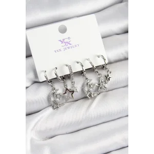 Pirinç Zİrkon Taşlı Ay ve Yıldız Model Gümüş Renk 3lü Çift Kadın Küpe