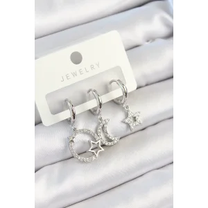 Pirinç Zirkon Taşlı Ay Ve Yıldız Model Gümüş Renk 3lü Çift Kadın Küpe Set