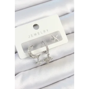 Pirinç Zirkon Taşlı Çiçek Ve Ay Model Gümüş Renk 3lü Çift Kadın Küpe Set