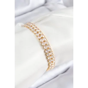 Pirinç Zirkon Taşlı Çift Sıra Kare Model Gold Renk Asansörlü Kadın Bileklik