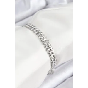 Pirinç Zirkon Taşlı Çift Sıra Model Gümüş Renk Asansörlü Kadın Bileklik