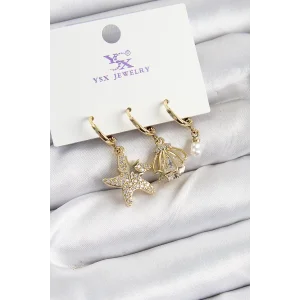 Pirinç Zİrkon Taşlı Deniz Yıldızı Ve İstiridye Model Gold Renk 3lü Kadın Küpe