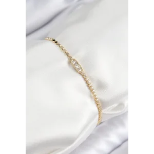 Pirinç Zirkon Taşlı Dikdörtgen Model Ezme Zincir Gold Renk Kadın Bileklik