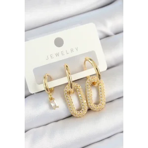 Pirinç Zirkon Taşlı Dikdörtgen Model Gold Renk 3lü Çift Kadın Küpe Set